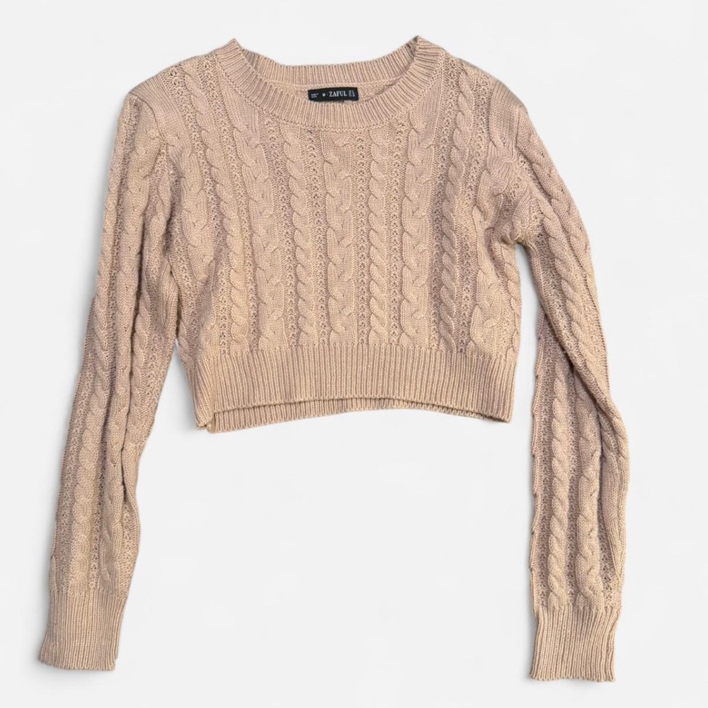Zaeful Light Coral-Pink Cable Knit Cropped Long Sleeve Sweater